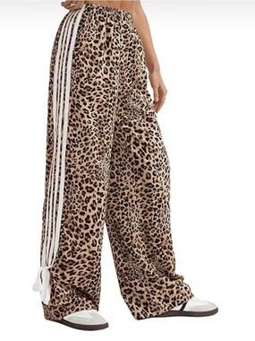 Leopard Print Wide Leg Side Bow Knot Lounge Casual Pants Women XS